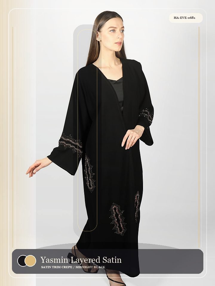 Yasmin Layered Satin Border Royal Abaya