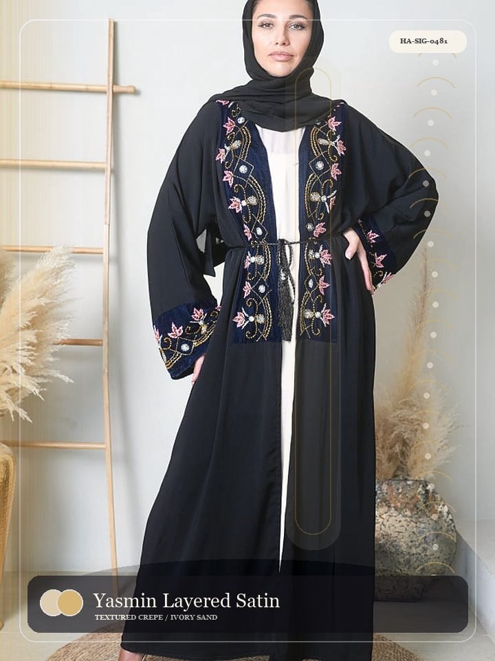 Yasmin Layered Satin Border Pearl Abaya