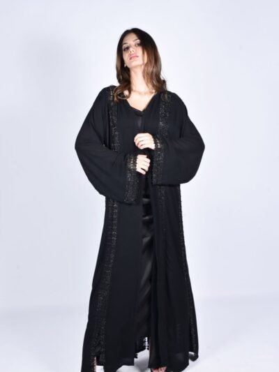 Sahar Satin Edge Crystal Line Pearl Abaya