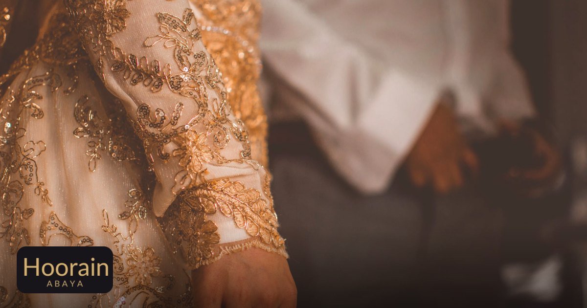 What to Wear to a Khaleeji Wedding 2026: The Perfect Occasion Abaya Guide - close-up of luxurious gold-embellished gown