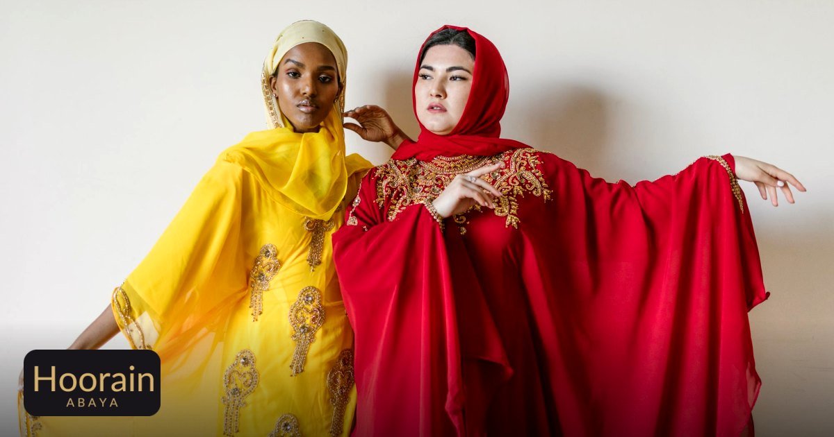 Traditional vs Contemporary Abayas GCC: A Style Guide - two women elegantly pose in colorful traditional attire