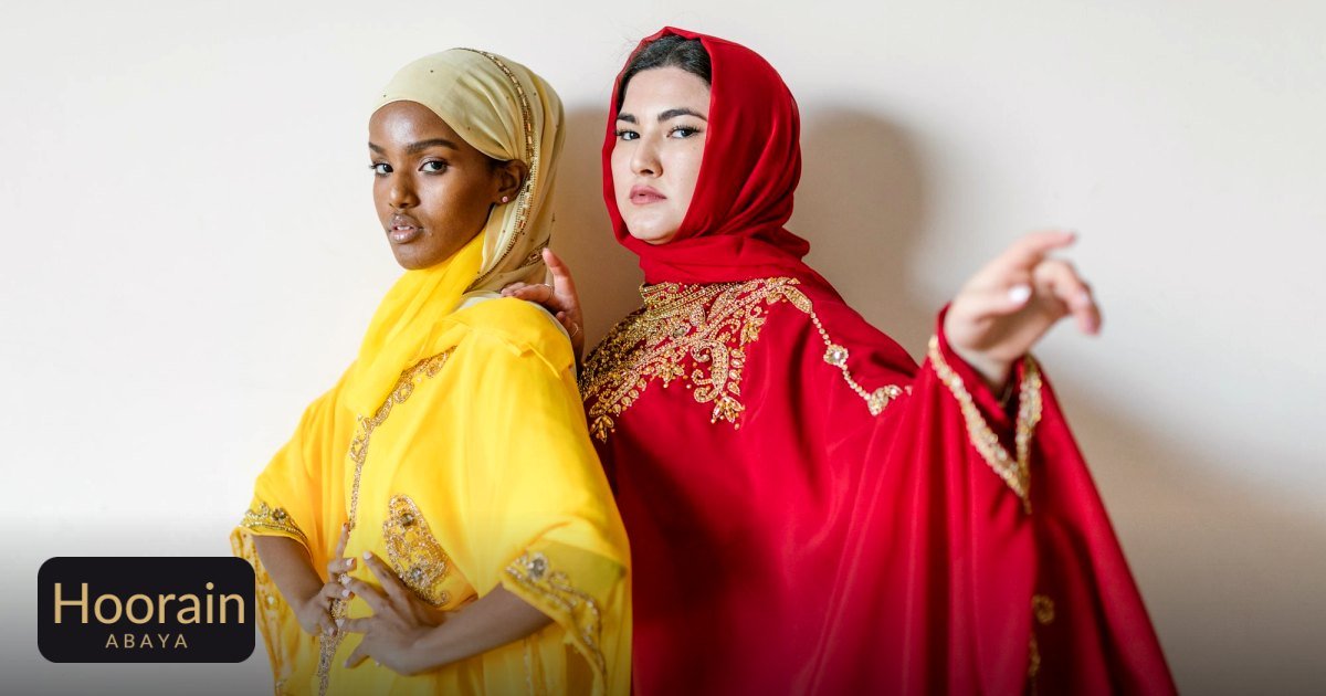 Which Abaya Style Is Trending in 2026? A Fresh Look at Modest Fashion - two women in vibrant yellow and red hijabs